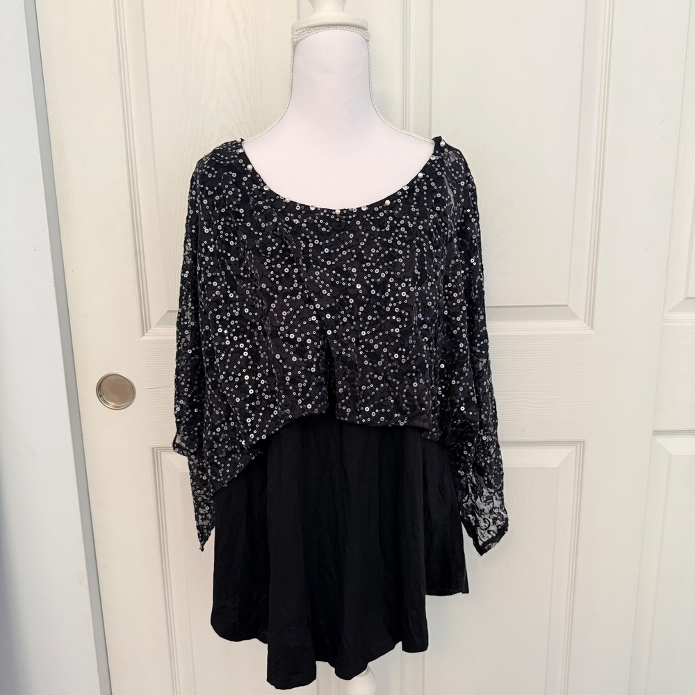 LAPA Plus Sequin Lace Overlay Blouse Women 1XL Black Sparkly Layered Cape Top